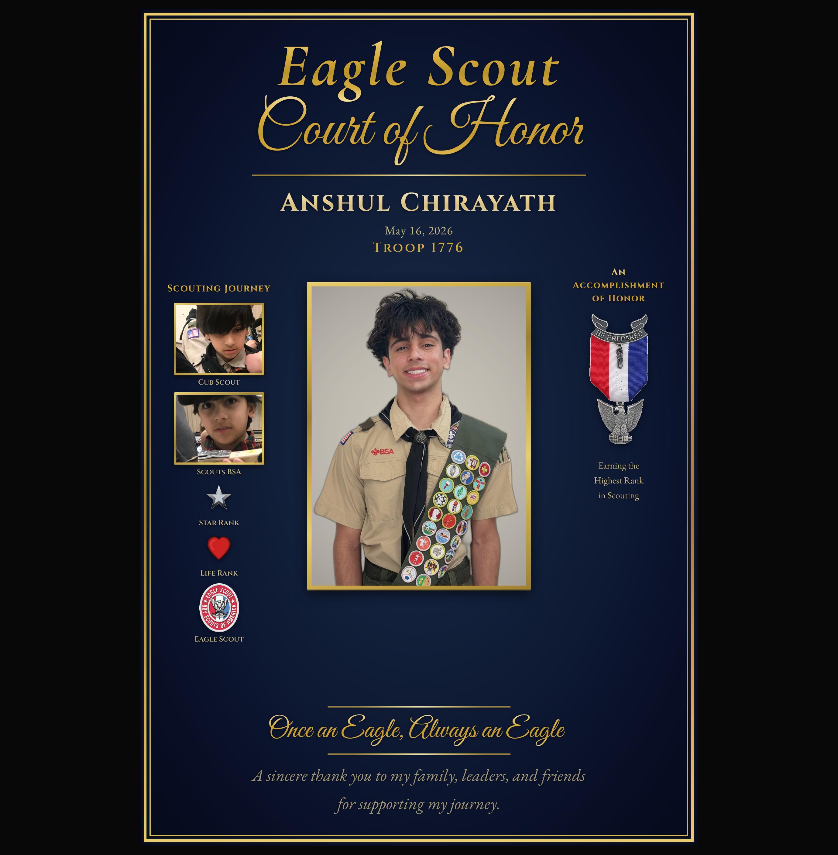 Anshul Chirayath Eagle Scout Court of Honor poster